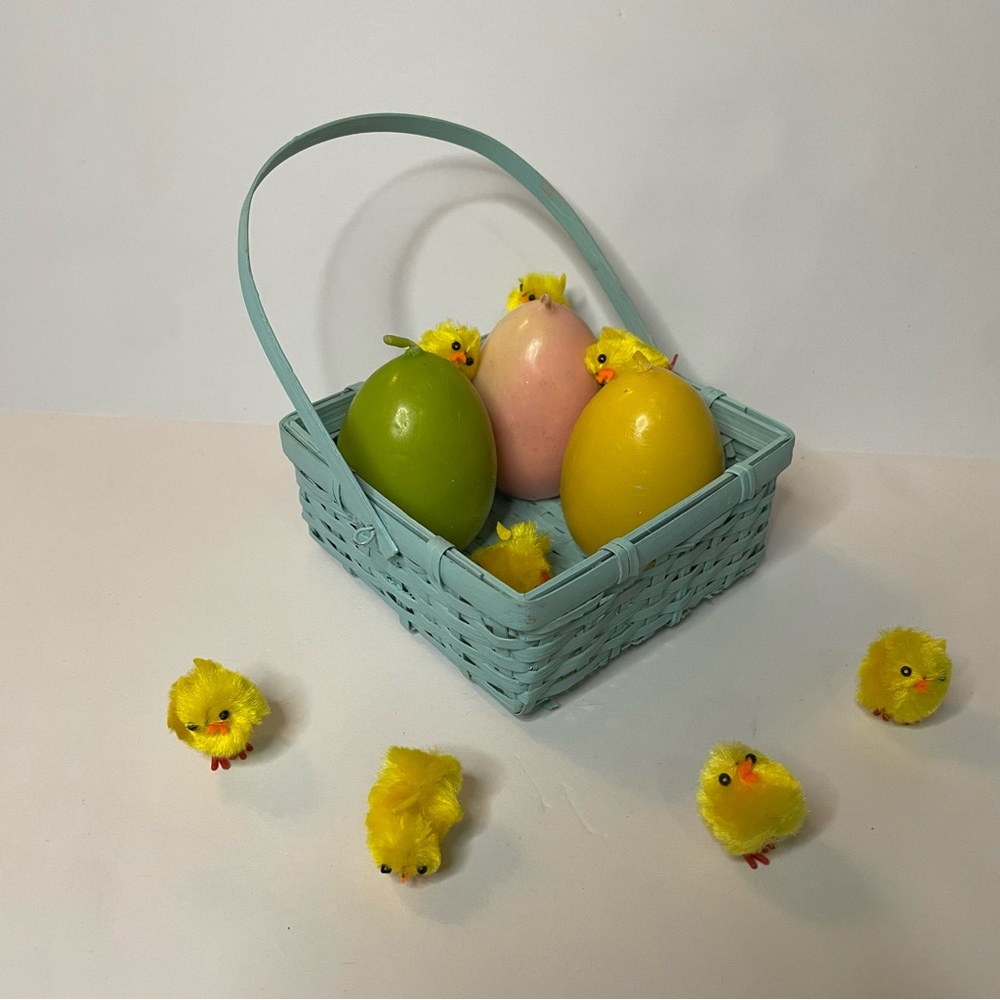 Vintage Easter Decor Easter Egg Candles Basket and Little Chickens 3 Candles